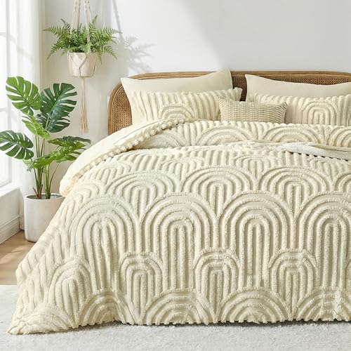 Image of Nesker Boho Queen Comforter Set, 7 Pcs Tufted Beige Bedding Sets, Soft Cozy Chic Bed in a Bag, Arch Pattern Shabby Bed Set All Season with Comforter, Fitted Sheet, Flat Sheet & Pillowcases
