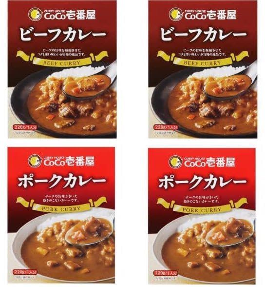Coco Ichibanya Curry Instant Japanese Curry 7.76oz(220g) Pack Of 4(beef x 2/pork x 2)