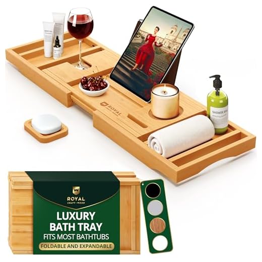 ROYAL CRAFT WOOD Bathtub Tray Caddy for Tub, Bamboo Bath Shelf, Premium Foldable Wood Bath Table, Expandable Bathtub & Bathroom Accessories, New Home Gifts for Mom, Housewarming, Anniversary, Wedding