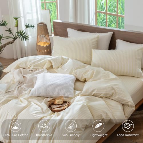 Image of MooMee Striped Duvet Cover Set 100% Washed Cotton Linen Like King | Relaxed Linen-like Texture. Soft, Breathable & Long-lasting Comfort. Lightweight. Hidden Zipper with 8 Interior Corner Ties