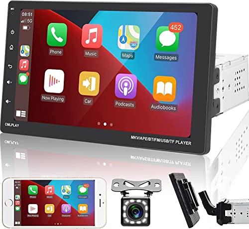 Autoradio 1 DIN avec Apple Carplay Android Auto 9 Pouces Écran tactile Autoradio avec Bluetooth FM Radio Android/IOS Mirror Link Télécommande TF/USB/AUX/DVD Commande au Volant + 12 LED Caméra de recul