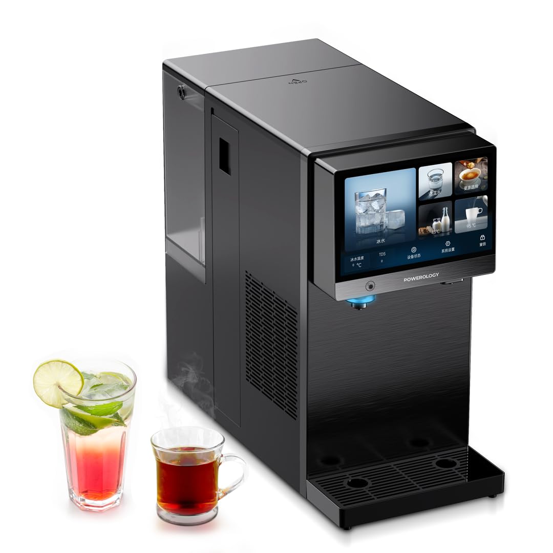 Powerology 4-In-1 Reverse Osmosis, Water Purifier & Dispenser, LED Display, 7 Inch Touch display, 3S Hot Water, Advanced Filtration, Powerful Refrigeration Compressor, Dual Feed Purifier - Black Hot & Cold (Black)