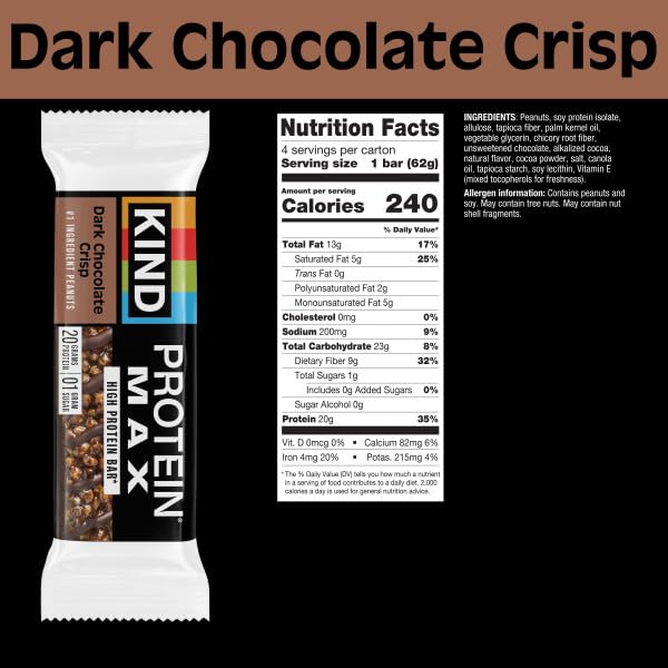 Image of KIND Protein MAX, Dark Chocolate Crisp, 20g Protein, 1g Sugar, Low Sugar, High Protein Snack Bars, 4 Count (Pack of 2)