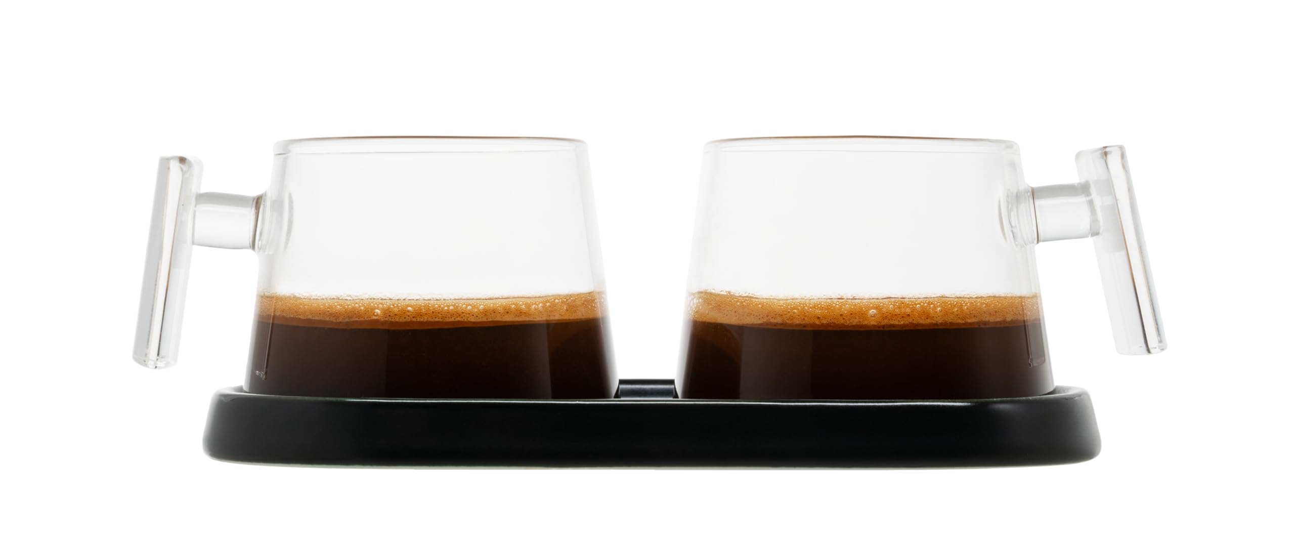 Pure Over Espressotassen aus Glas, 2-teiliges Kaffeebecher-Set, Keramik-Untersetzer, leicht zu reinigen, aus Borosilikatglas, hitzebeständig (2er-Set), Demitasse (schwarzer Keramik-Untersetzer)