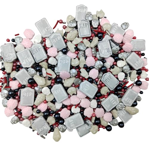 Image of Halloween Sprinkles Edible Red Black Sprinkles for Cake Decorating, Tombstone Skull Palm Bloody Sprinkle Mix for Cupcakes Cake Toppers Cookies Baking Decoratings