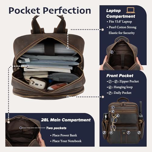 Leather Backpack for Men 15.6" Laptop Backpack 100% Madagascar top-Grain Leather Backpack Dark Brown Large Size - Image 4