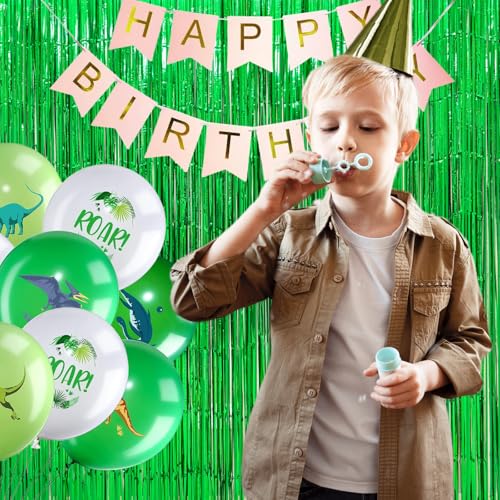 Image of 4 Pack Green Foil Fringe Curtains, 13.2x6.6ft Jungle Theme Streamers Backdrop for Birthday, St Patrick's Day, Christmas, Dinosaur, Animal, Football Themed Party| Green Streamers Party Decorations