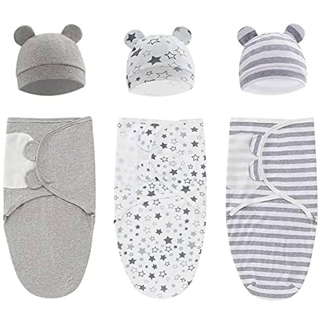 Baby Swaddle Sleep Sack with Hat Set for 0-3 months 3-Pack Soft Cotton Newborn Wearable Swaddle Wrap for Girls Boys