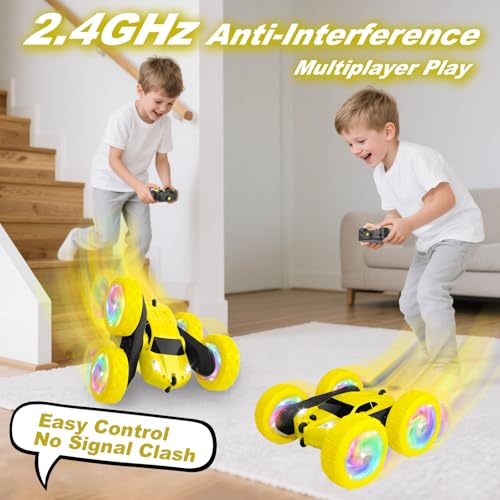Image of Remote Control Car, Outdoor Toys RC Cars for Kids Ages 6-12, 4WD Double Sided Stunt Vehicle with Upgraded USB-C Modular Batteries, 5 6 7 8 9 10+ Year Old Boy Birthday Yellow