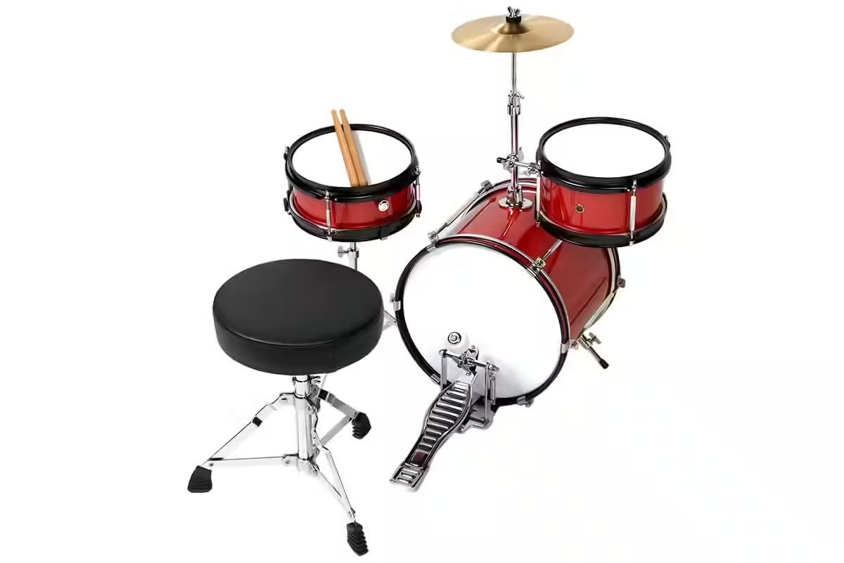 Woodbrass DSJ90R Batterie Enfant Complète Rouge 3+ Ans – Mini Kit Batterie Acoustique Junior avec Siège, Pédale, Cymbale 8", Tom et Caisse Claire - Batterie Enfant Débutant Rouge