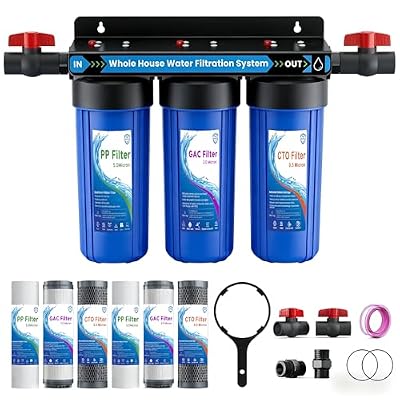 Whole House Water Filter System, Extra 2 Sets Filter, 3 Stage Home Water Filtration System Reduces Chlorine, Sediment, Odor for Healthier Skin, with 2 Valves, 3/4" Ports, for 1-2 Year Use