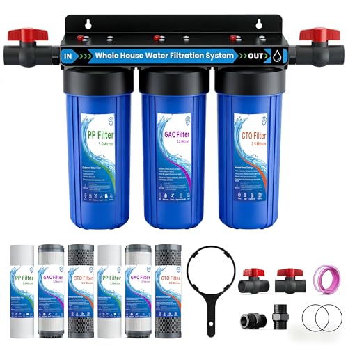 Whole House Water Filter System, Extra 2 Sets Filter, 3 Stage Home Water Filtration System Reduces Chlorine, Sediment, Odor for Healthier Skin, with 2 Valves, 3/4' Ports, for 1-2 Year Use