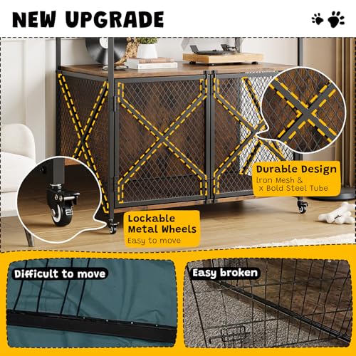 41 Inch Dog Crate Furniture, Heavy Duty Decorative Dog Cage with Lockable 360° Wheels, Double Door Dog Kennel End Table for for Small Medium Large Dog, Rustic Brown