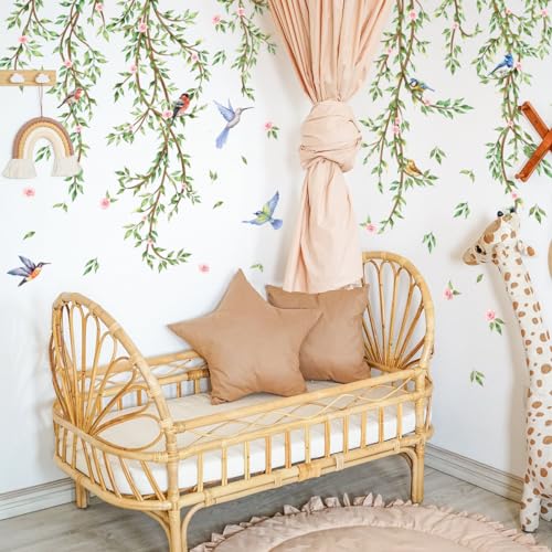 ウォールステッカー 植物 緑 藤 緑の葉 かわいい 鳥 グリーン 花のつる  