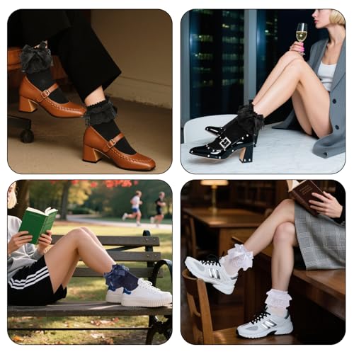 Image of 3 Pairs Women Ruffle Socks Adult Double Lace Frilly Sock with Bow Back,Size 9-11