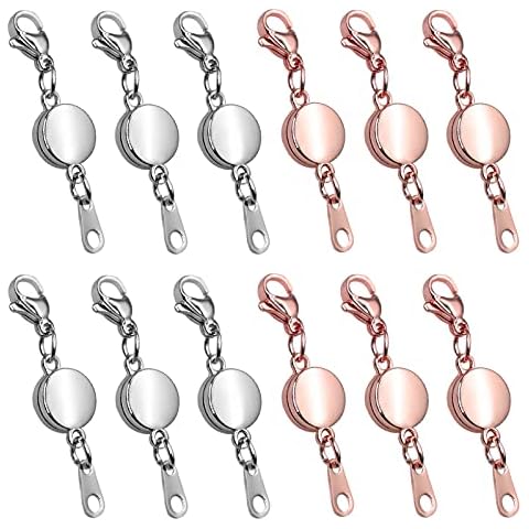 Roctee 12 Pcs Magnetic Round Jewelry Clasp, Alloy Necklace Ornaments Clip Closure for Women, Bracelet Converter with Lobster Claw Hook, Chain Extender for DIY Crafts Lanyards (Rose Gold, Silver) Cover