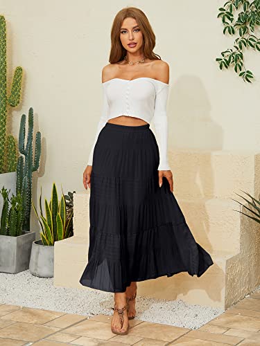 Image of NASHALYLY Women's Chiffon Elastic High Waist Pleated A-Line Flared Maxi Skirts