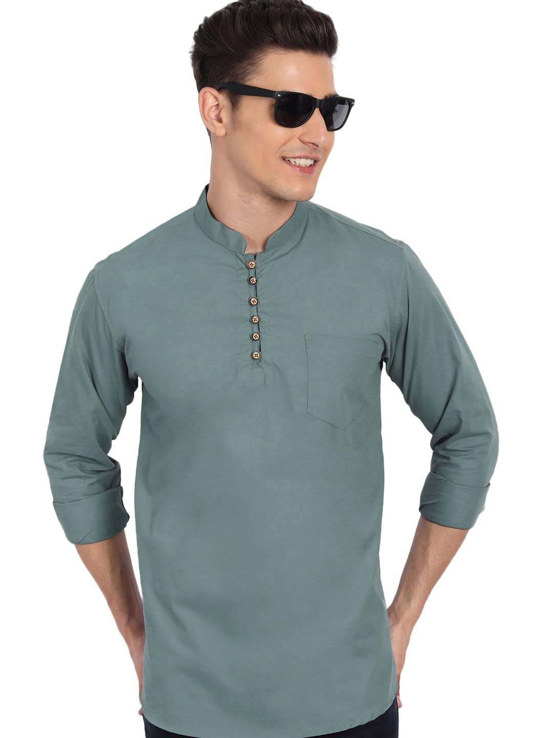 Majestic Man Cotton Solid Casual Short Kurta for Men (Large, Dusty Teal) (B0B35R8FZF) Amazon Price History, Amazon Price Tracker