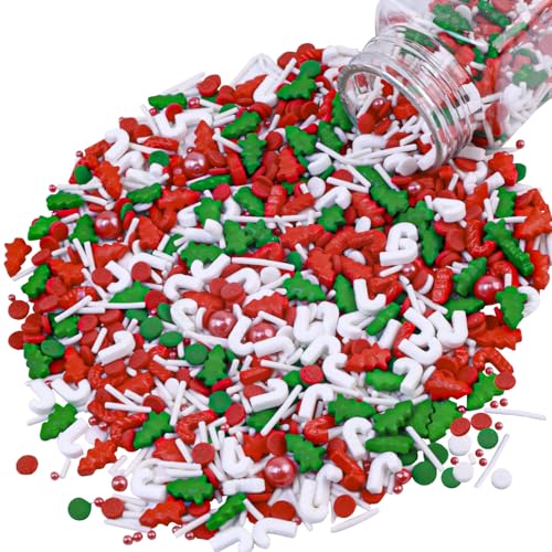 Morofme 3.5 oz Christmas Sprinkles Red and Green Christmas Tree Candy Sprinkle Jimmies Mix Christma Cane Sprinkle Cake Topper Edible Holiday Sprinkles for Cupcake Toppers Cookie Ice Cream