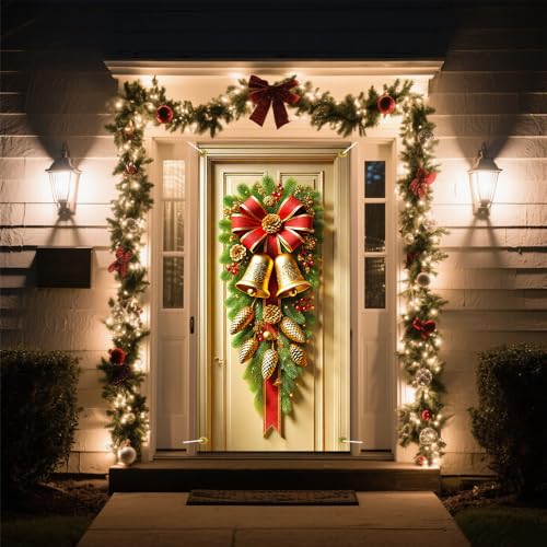 Image of Vertical Pine Swag Door Cover, Red Bow Gold Bell Christmas Front Door Decorations, Pine Cone Holiday Door Banner, Tall Winter Home Entrance Decor, 35.43 x 70.87 Inch