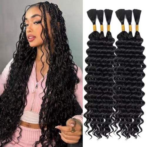 Deep Wave Bulk Hair for Braiding 6 Bundles 16 Inch 200g Natural Black Curly Hair for Boho Braids No Weft Wet and Wavy Braiding Hair Extensions (16Inch 6 Bundles/200g)