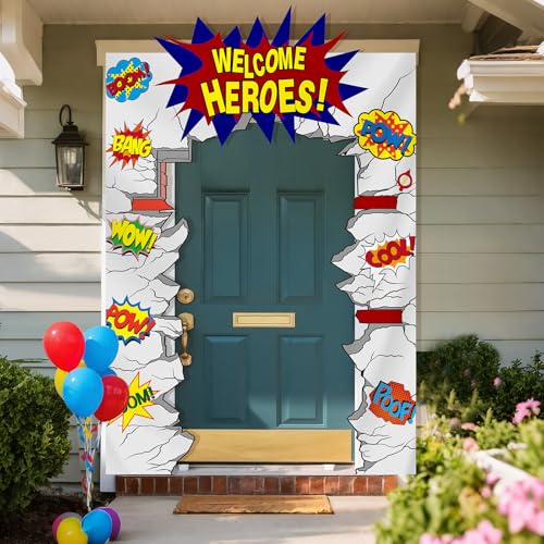 Preboun Hero Party Decorations Banner Welcome Hero Birthday Decoration Porch Banner Fun Halloween Hanging Backdrop Sign for Porch Wall Door Archway Birthday Red and Blue Party Photo Prop Decor
