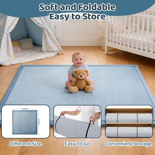 Image of Baby Play Mat for Floor, 1.3 Inch Thick Memory Foam Tummy Time Mat with Non Slip Backing, Soft Coral Velvet 59X79 Inch Playpen Mat Crawling Tatami for Infants Toddlers Kids, Midnight Blue