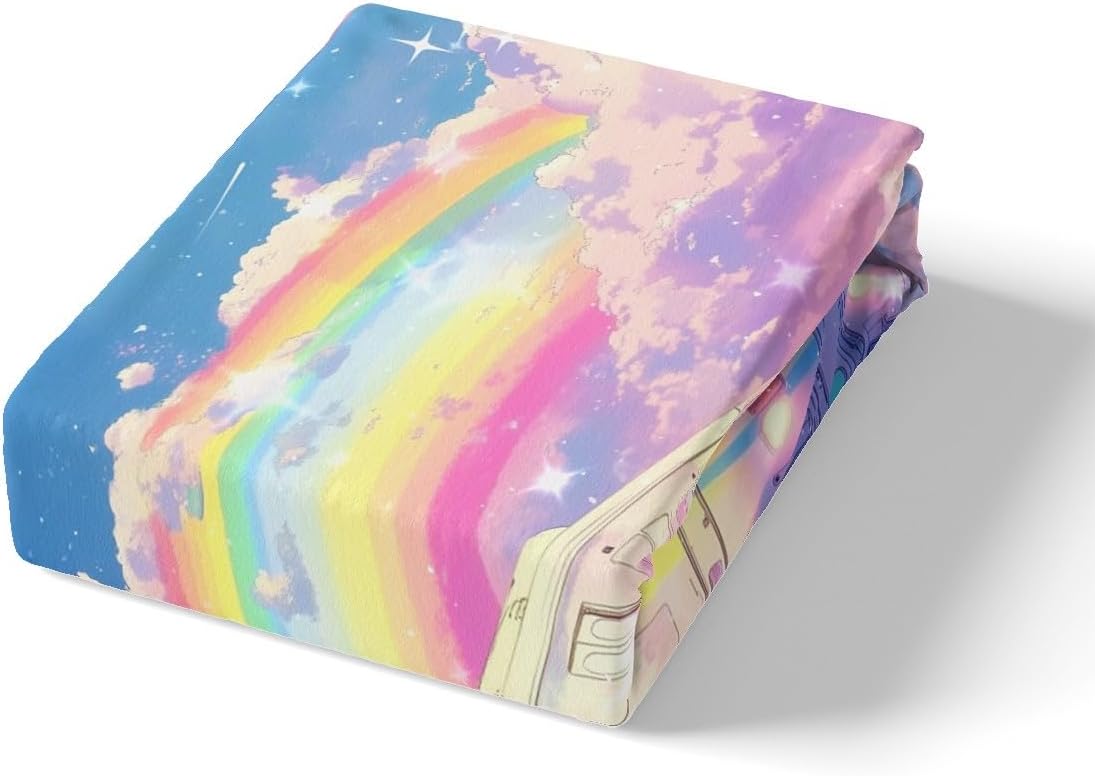 Pink Train Duvet Cover Set Toddler Size,Watercolor Cloud Sky Rainbow Bedding Set 2Pcs for Kids Girls Boys Teens Room Decor,Fantasy Train Comforter Cover Pink Blue Purple Quilt Cover,1 Pillowcase