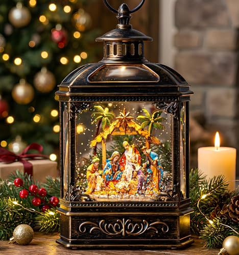 Christmas Snow Globe Swirling Glittering Nativity Scene with Music, USB Lined/Battery Operated Lighted Water Lantern for Christmas Festival Decoration Gifts