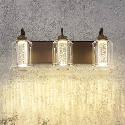 Image of zeyu 3-Light 15W LED Vanity Light with Crystal Bubble, 20.5 Inch Bathroom Vanity Light Fixtures with 5 Colors Modes, Oil Rubbed Bronze Finish with Clear Glass, ZSL72B-3W LED ORB-1