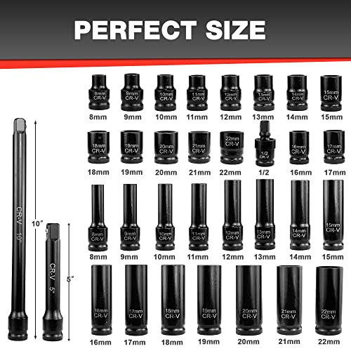33pcs 1/2" Impact Socket Set (8-22mm), Metric Socket Set, Cr-V Steel, 6 Point Deep & Shallow Sockets, with 5" 10" Extension Bars and 1/2" Universal Joint