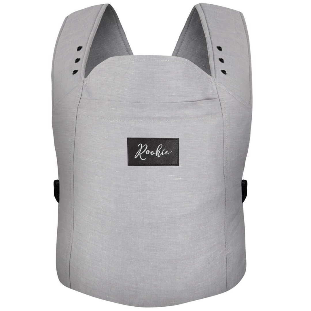 ROOKIE Baby Noszenie Premium – designerskie nosidełko na brzuch – certyfikowana bawełna ekologiczna – ergonomiczny z regulowanym mostkiem – dla noworodków od urodzenia do 15 kg (szary)