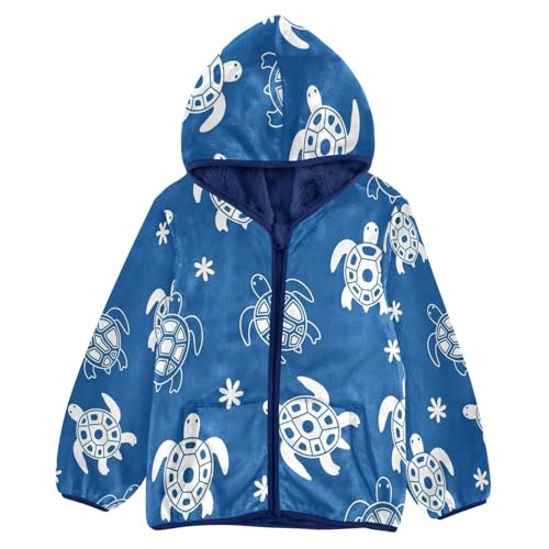 Turtle Pattern on Blue Toddler Fleece Jacket Girl Boys Hooded Fleece Jacket Coat Warm Outwear Zip-up 3-10T