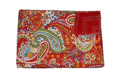 The Ethnic Crafts Rojo Paisley Print Kantha Trabajo Colcha, Tradicional de la India Algodón Colcha, Doble tamaño Manta Cover