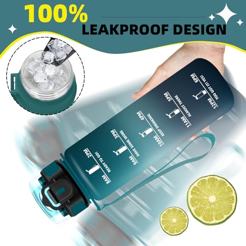 Mujigaga Wasserflasche 1l, Auslaufsichere Trinkflasche mit Zeitmarkierung und Schnürung, Trinkflasche Sport mit Strohhalm, Flasche mit Sichere Verriegelung für Uni, Arbeit, Fitness, Büro, Outdoor