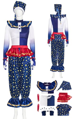 Vioyrie Adult Five Nights Clown Costume Moon Cosplay Outfits Gloves Hat Full Set Halloween Circus Stage Uniform Suit (Blue Medium)