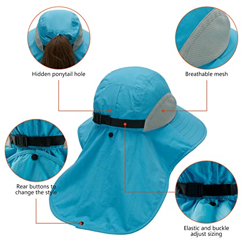 Image of BASSDASH UPF 50+ Unisex Water Resistant Wide Brim Sun Hat with Large Neck Flap Ponytail Fishing Hat for Men Women