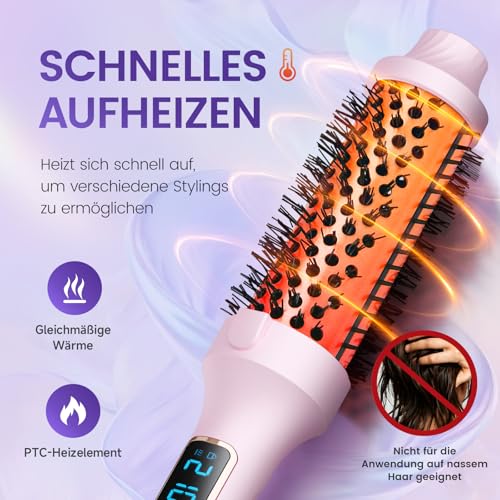 PRITECH Thermobürste, 38MM Thermal Brush Beheizte Ionische Lockenbürste Macht das Haar Glatter, 5 Temperaturstufen Lockenstab Lockenwickler Hot Styling Volumenbürste, Doppelspannung