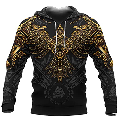 Unisex 3D Print Gold Crow Tattoo Hoodie, Norse Viking Odin Raven Pullover Hoody Streetwear Sweatshirt