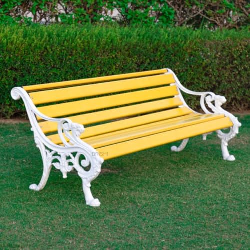 Image of BRISHI 3 Seater Cast Iron FRP Garden Bench for Indoor & Outdoor Park /Patio /Living Room /Terrace /Balcony (Yellow+ White)