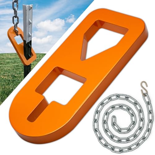 Wenses T-Post Puller Plate Tool with Short Chain Heavy Duty Carbon Steel Plate with Orange Coating