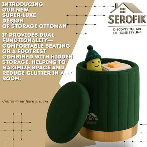 Image of Ottoman Stool with Storage, Round Dutch Velvet Cover Memory Foam Padded 32L Capacity Ottoman Bench Footrest, Pouffe, Office Stool, Makeup Chair, Vanity Chair for Living Room, Bedroom