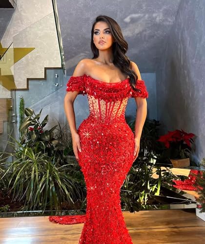 Sequin Mermaid Prom Dress for Women 2025 Off Shoulder Sparkly Formal Evening Dresses Long Cocktail Party Gowns with Train P23