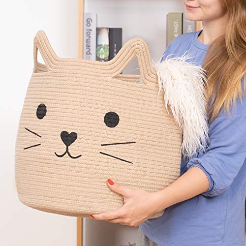Vk Living Animal Baskets Large Woven Cotton Rope Storage Basket With Cute Cat Design Animal Laundry Basket Organizer For Towels, Blanket, Toys, Clothes, Gifts – Pet Or Baby Gift Baskets 15‘’ L X 14H #TOP3