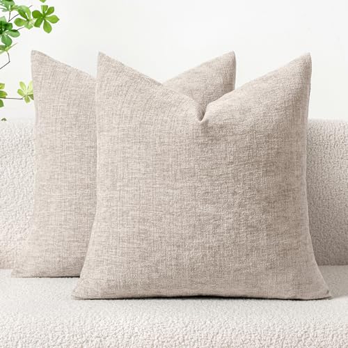 Image of MIULEE Pack of 2 Couch Throw Pillow Covers 18x18 Inch Soft Light Brown Chenille Pillow Covers for Sofa Living Room Solid Dyed Pillow Cases