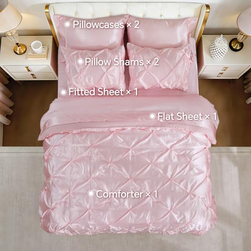 Image of BEDELITE Satin Comforter Set Queen Size, 7 Pieces Pintuck Bed in A Bag with Comforter, Flat Sheet, Fitted Sheet, Pillowcases, Shams, Soft Cozy Similar to Silk Bed Set for All Seasons (Pink)