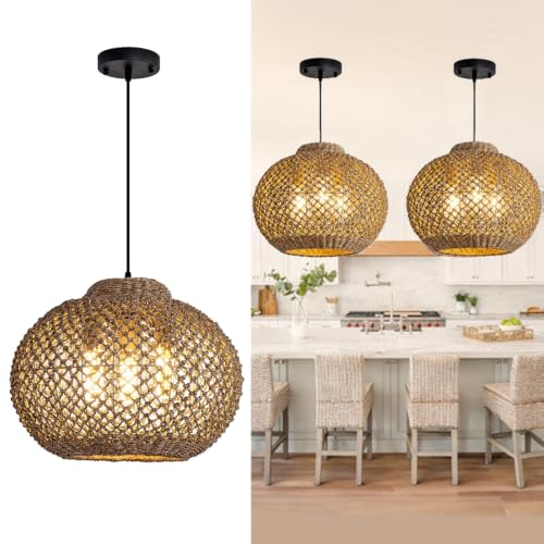 GDLT Farmhouse Rattan Pendant Light17 Natural Woven Wicker Dining Room Lights 3-Lights Boho Round...