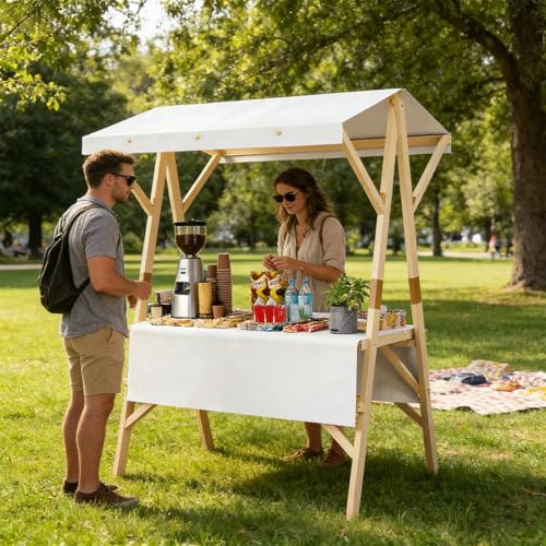 Aosphractic Outdoor Vendor Cart with Canopy, Portable Food Display Stand, Foldable Vending Stand Kiosk Display Trolley for Markets, Party Decorations, Sales at Tourist Attractions(White,150cm/59in)