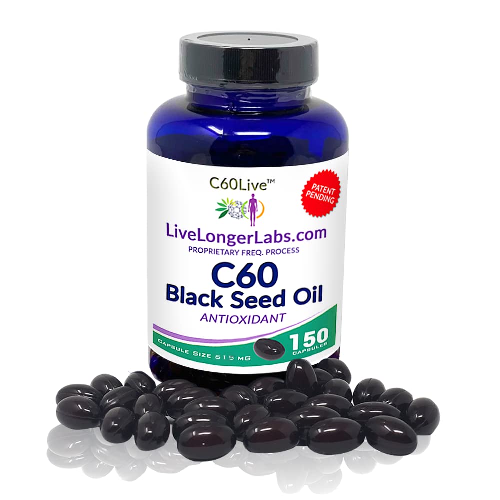 C60live - Carbon 60 (Fullerene) with Black Seed Oil - Antioxidant Supplement - for Blood Pressure, Cholesterol, Anti-Inflammatory, & Liver Support - All Natural Ingredients - 150 Gel Capsules