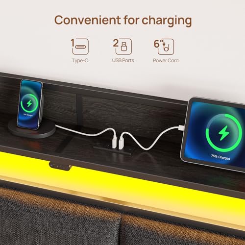 Image of Rolanstar Bed Frame Queen Size with Charging Station and LED Lights, Upholstered Storage Headboard with Drawers, Heavy Duty Metal Slats, No Box Spring Needed, Noise Free, Easy Assembly, Dark Grey